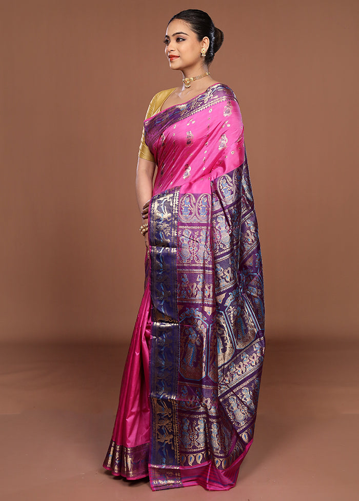 Pink Handloom Baluchari Pure Silk Saree With Blouse Piece