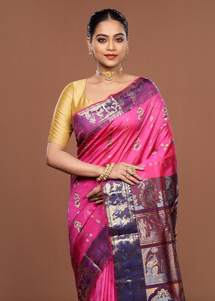 Pink Handloom Baluchari Pure Silk Saree With Blouse Piece
