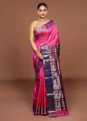 Pink Handloom Baluchari Pure Silk Saree With Blouse Piece