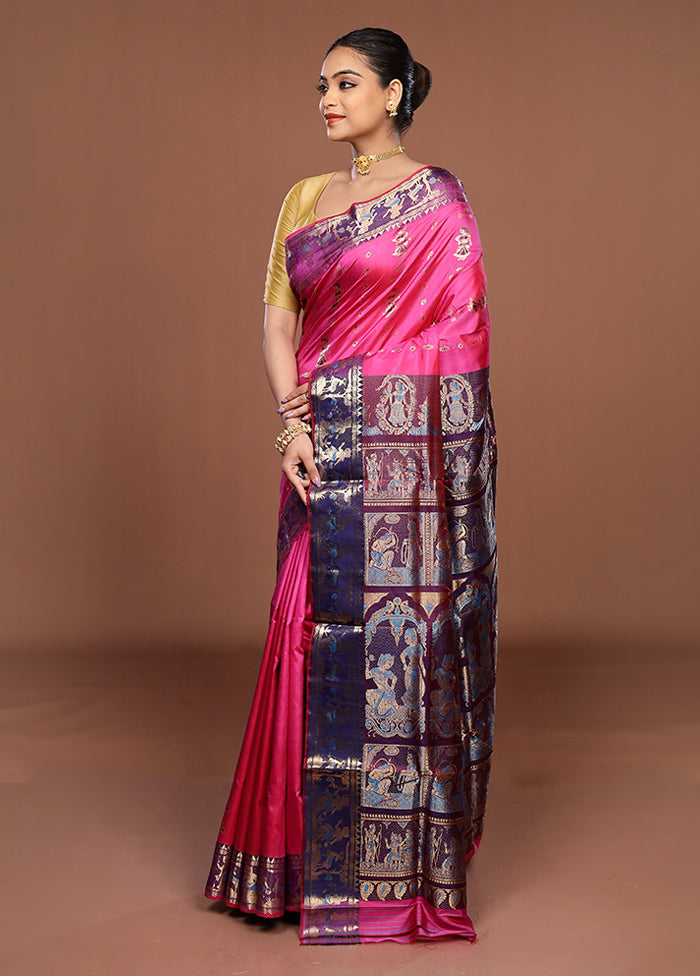 Pink Handloom Baluchari Pure Silk Saree With Blouse Piece