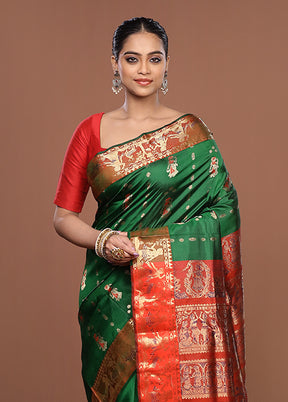 Green Handloom Baluchari Pure Silk Saree With Blouse Piece