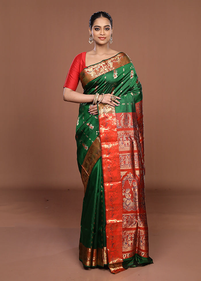 Green Handloom Baluchari Pure Silk Saree With Blouse Piece