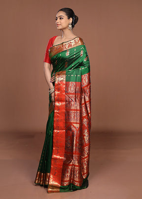 Green Handloom Baluchari Pure Silk Saree With Blouse Piece
