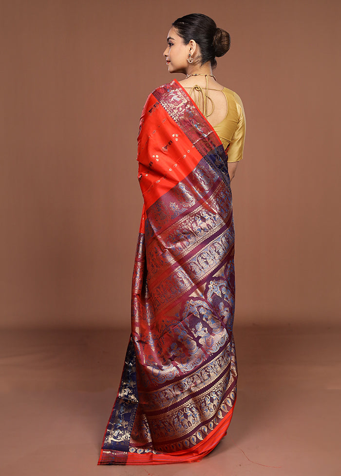 Orange Handloom Baluchari Pure Silk Saree With Blouse Piece