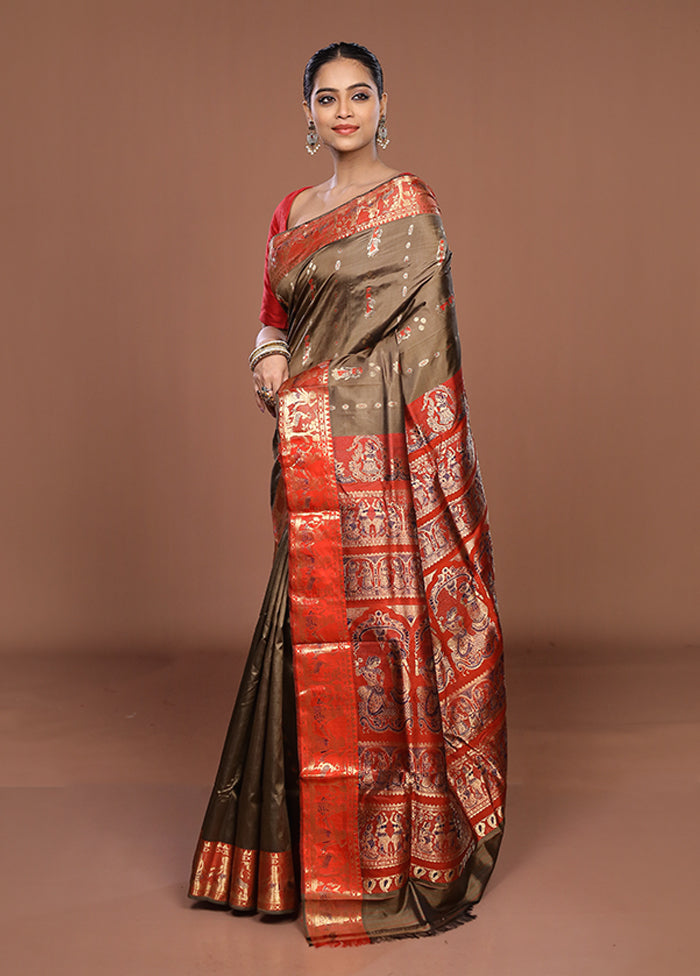 Green Handloom Baluchari Pure Silk Saree With Blouse Piece