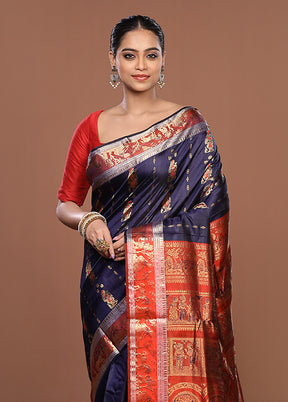 Blue Handloom Baluchari Pure Silk Saree With Blouse Piece