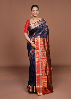 Blue Handloom Baluchari Pure Silk Saree With Blouse Piece