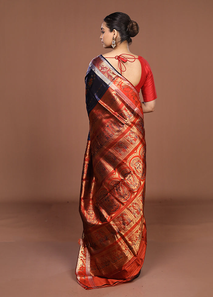 Blue Handloom Baluchari Pure Silk Saree With Blouse Piece