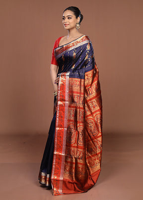 Blue Handloom Baluchari Pure Silk Saree With Blouse Piece