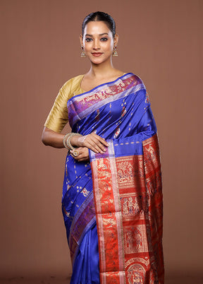 Blue Handloom Baluchari Pure Silk Saree With Blouse Piece