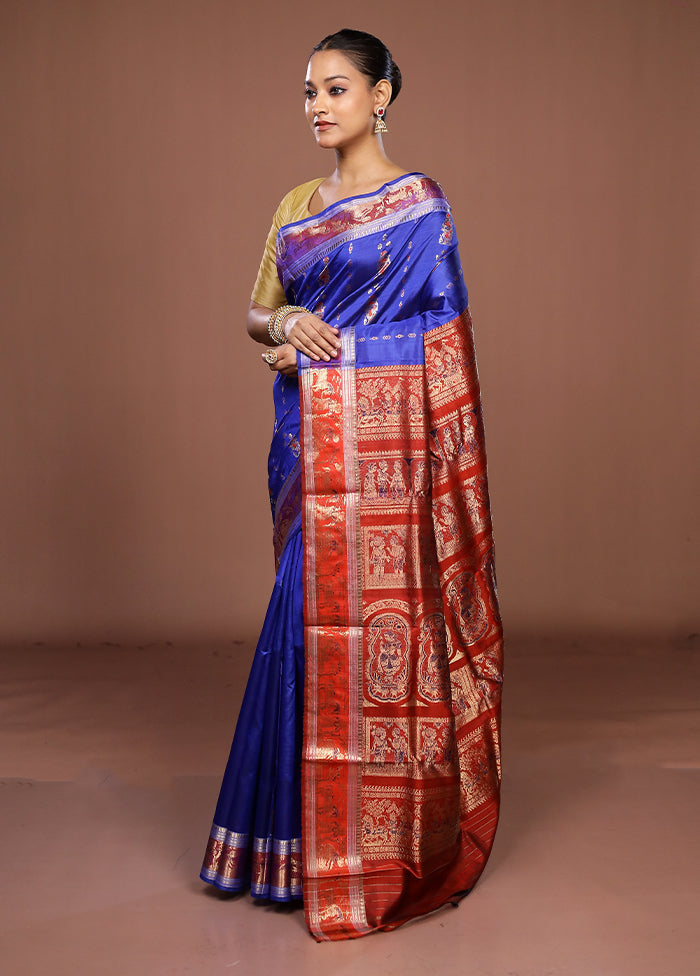 Blue Handloom Baluchari Pure Silk Saree With Blouse Piece