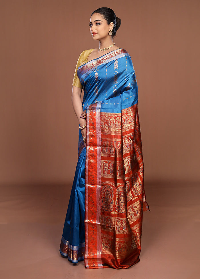 Blue Handloom Baluchari Pure Silk Saree With Blouse Piece