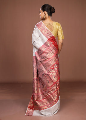 White Handloom Baluchari Pure Silk Saree With Blouse Piece