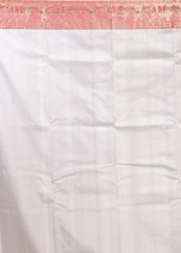 White Handloom Baluchari Pure Silk Saree With Blouse Piece