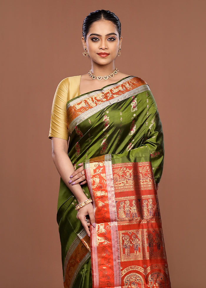 Green Handloom Baluchari Pure Silk Saree With Blouse Piece