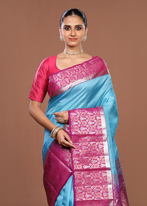 Blue Handloom Kanchipuram Pure Silk Saree With Blouse Piece