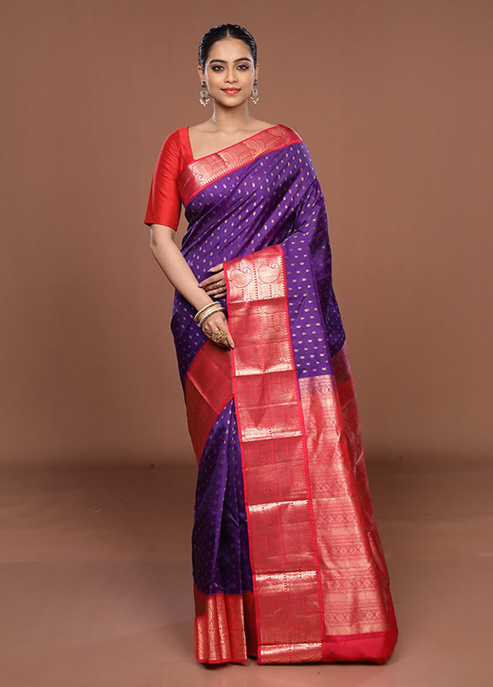 Purple Handloom Kanchipuram Pure Silk Saree With Blouse Piece