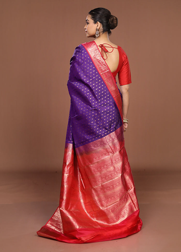 Purple Handloom Kanchipuram Pure Silk Saree With Blouse Piece