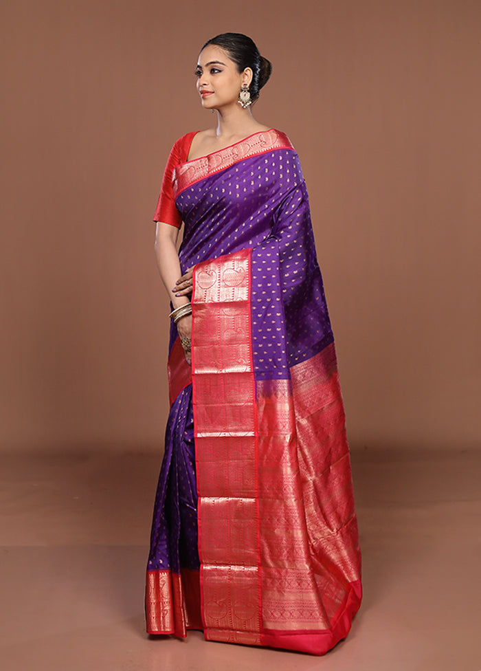 Purple Handloom Kanchipuram Pure Silk Saree With Blouse Piece