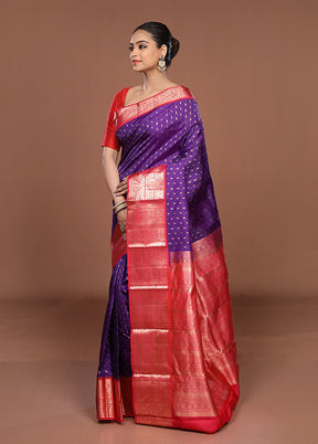 Purple Handloom Kanchipuram Pure Silk Saree With Blouse Piece