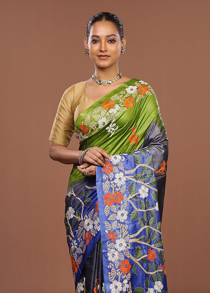 Blue Handloom Kantha Stitch Pure Silk Saree With Blouse Piece