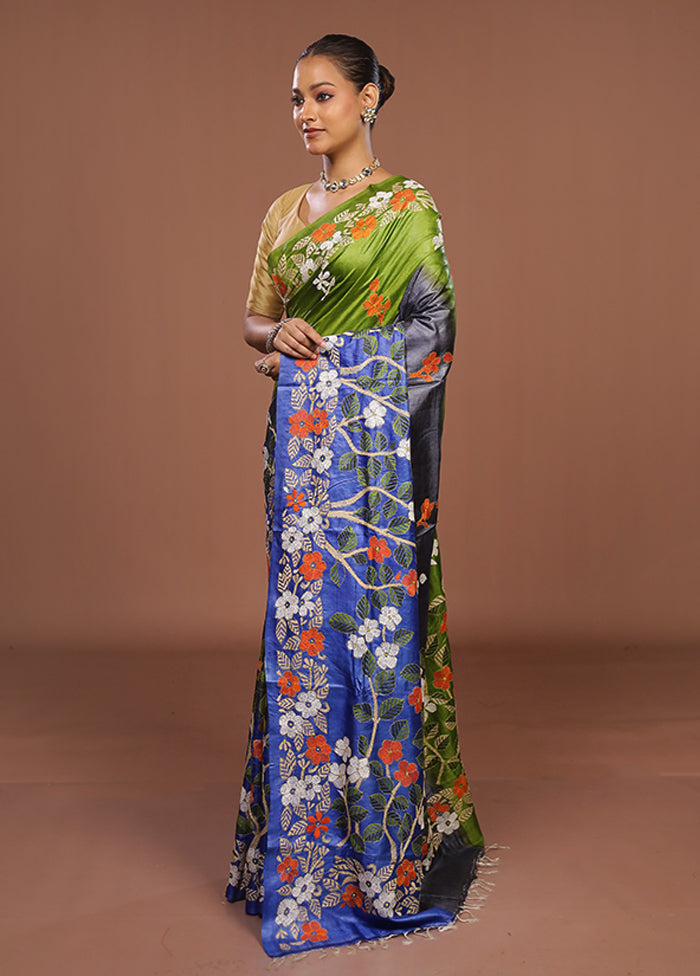 Blue Handloom Kantha Stitch Pure Silk Saree With Blouse Piece