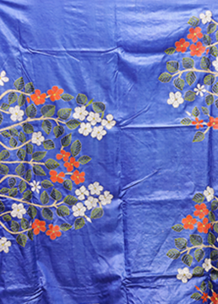 Blue Handloom Kantha Stitch Pure Silk Saree With Blouse Piece