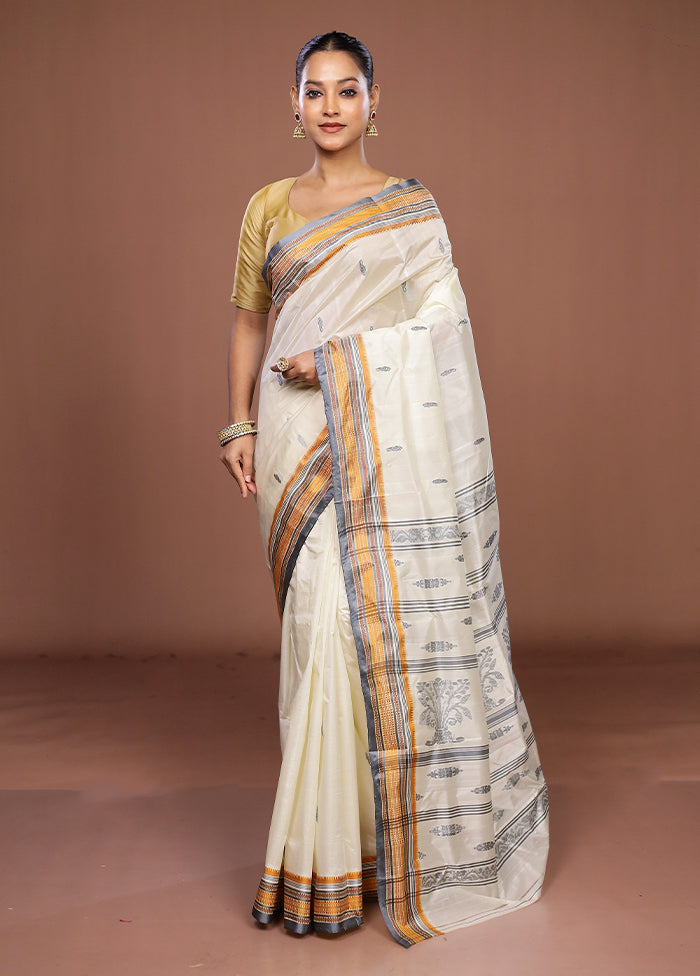 White Garad Silk Saree Without Blouse Piece