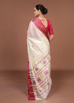 White Garad Silk Saree Without Blouse Piece