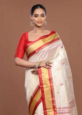 White Garad Silk Saree Without Blouse Piece