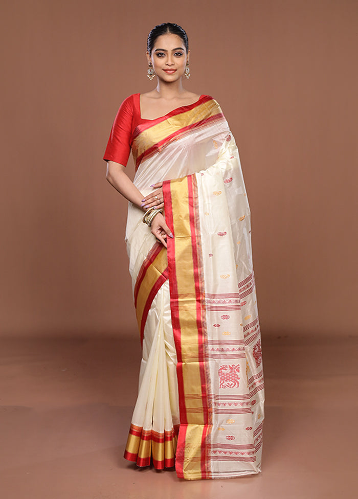White Garad Silk Saree Without Blouse Piece