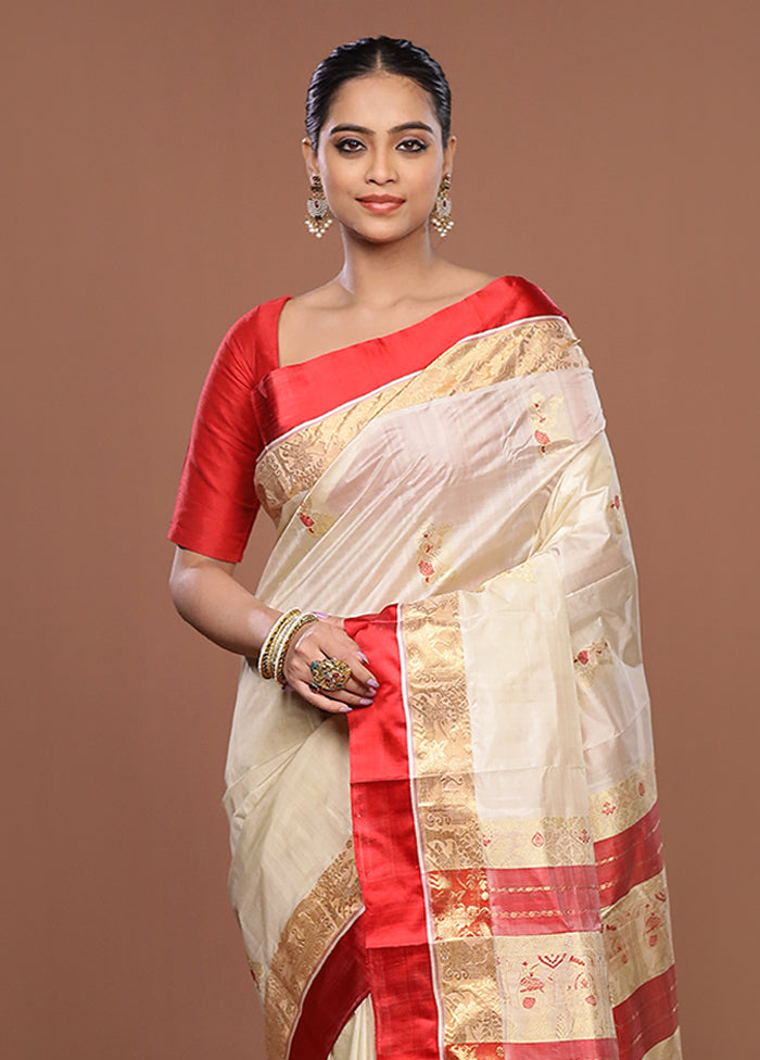 White Garad Pure Silk Saree Without Blouse Piece