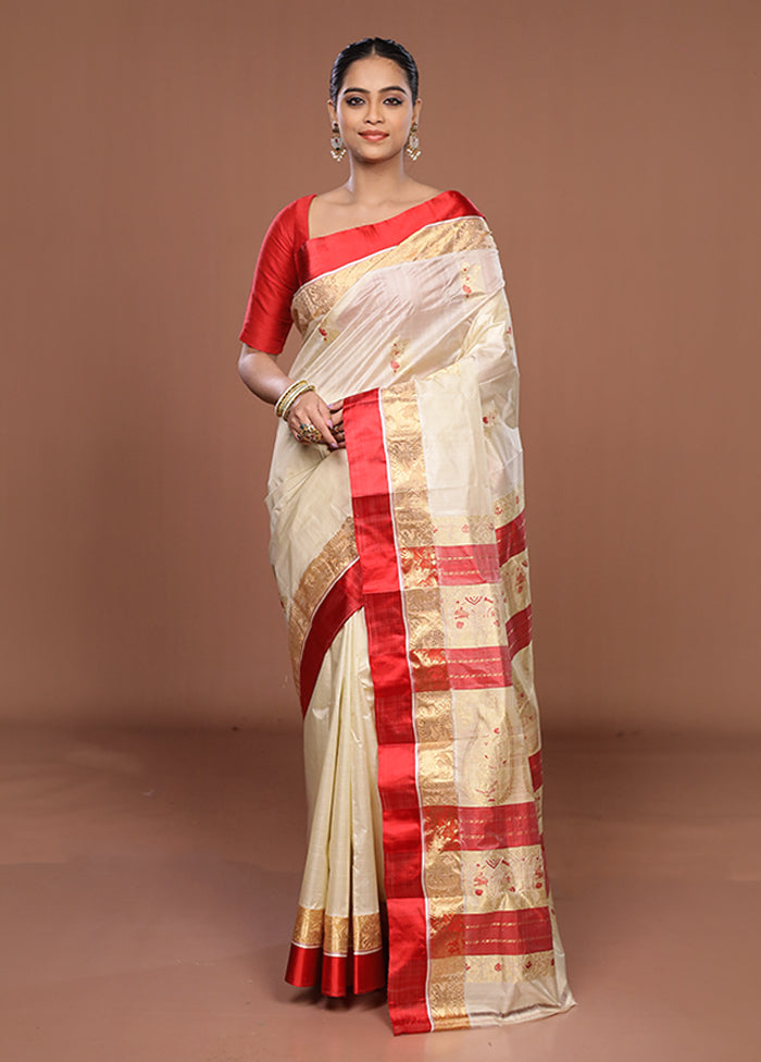 White Garad Pure Silk Saree Without Blouse Piece