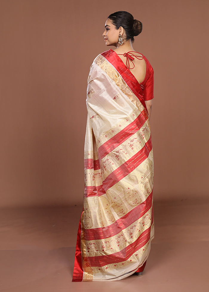 White Garad Pure Silk Saree Without Blouse Piece