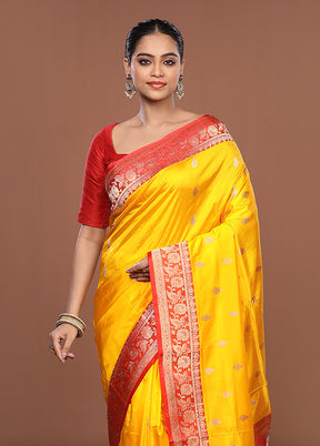 Yellow Handloom Katan Pure Silk Saree With Blouse Piece
