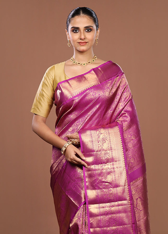 Purple Handloom Kanchipuram Pure Silk Saree With Blouse Piece