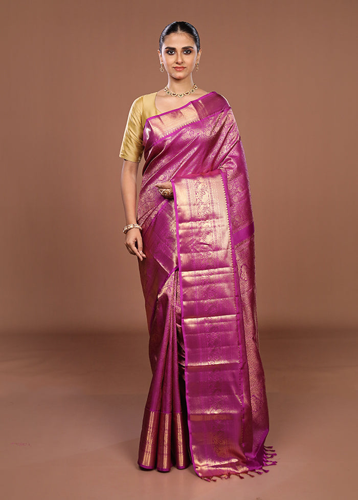 Purple Handloom Kanchipuram Pure Silk Saree With Blouse Piece