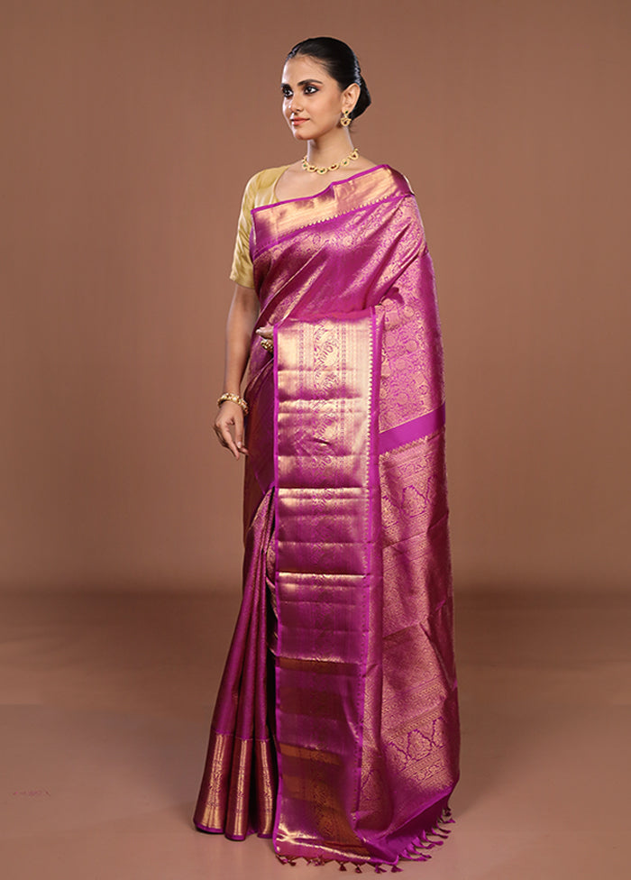 Purple Handloom Kanchipuram Pure Silk Saree With Blouse Piece