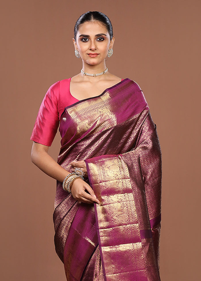 Purple Handloom Kanchipuram Pure Silk Saree With Blouse Piece