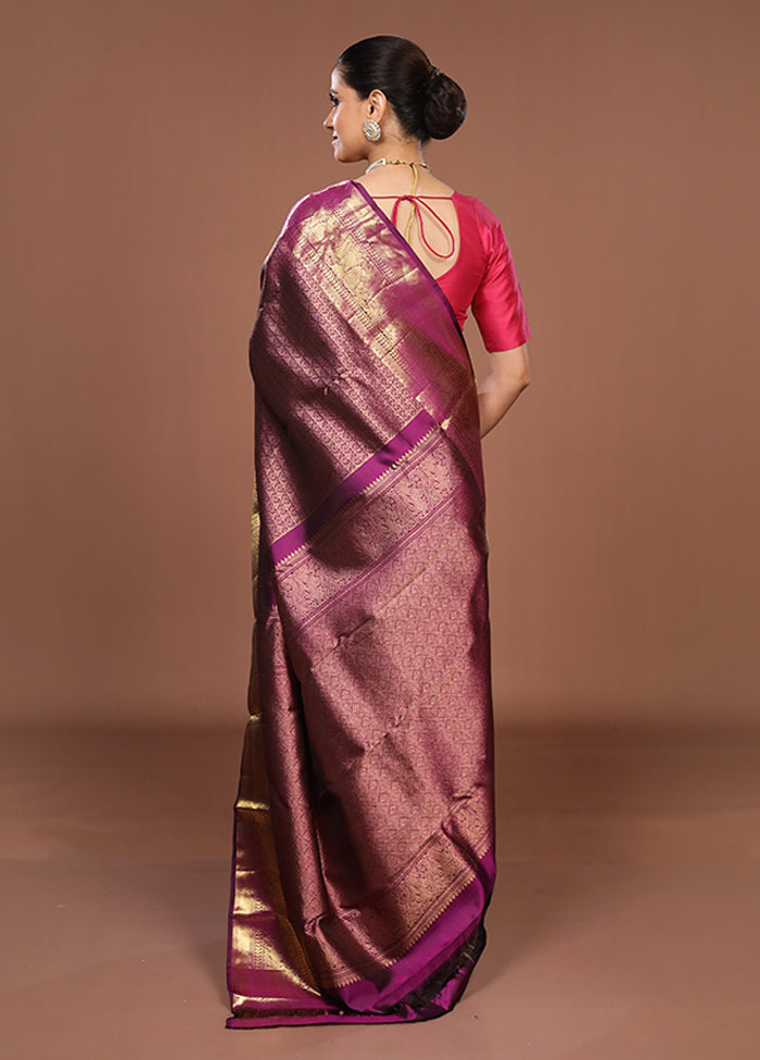 Purple Handloom Kanchipuram Pure Silk Saree With Blouse Piece