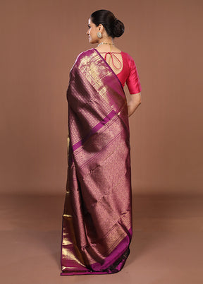 Purple Handloom Kanchipuram Pure Silk Saree With Blouse Piece