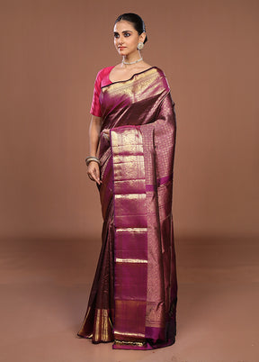 Purple Handloom Kanchipuram Pure Silk Saree With Blouse Piece