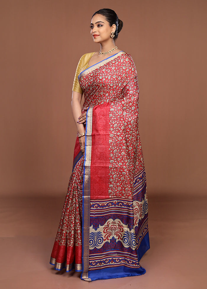Red Printed Pure Silk Saree Without Blouse Piece