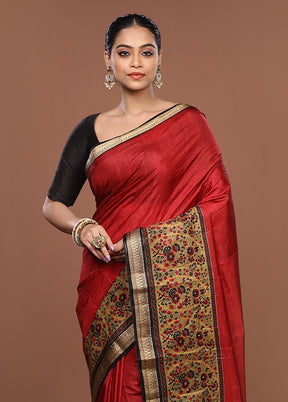 Red Printed Pure Silk Saree Without Blouse Piece