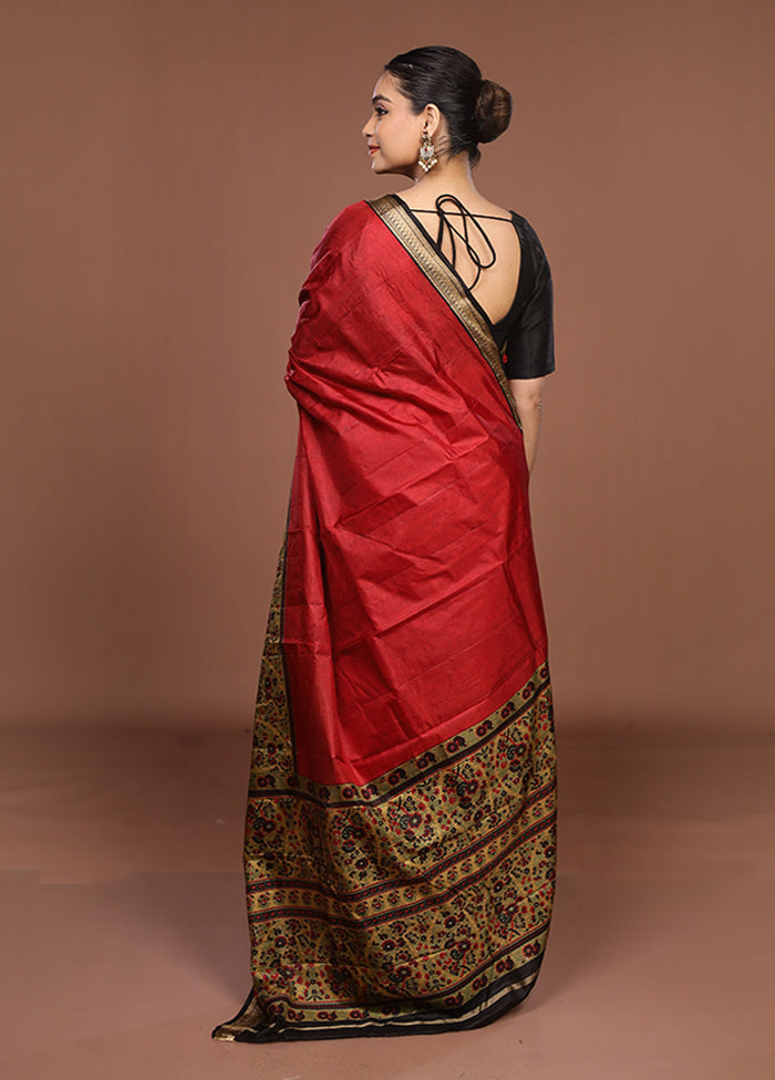 Red Printed Pure Silk Saree Without Blouse Piece