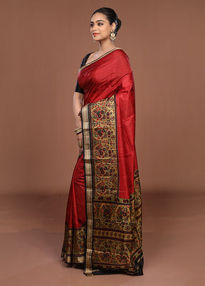 Red Printed Pure Silk Saree Without Blouse Piece