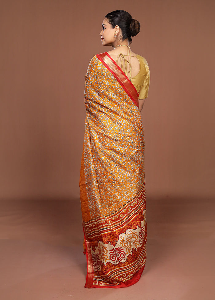 Yellow Printed Pure Silk Saree Without Blouse Piece