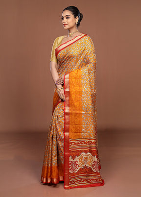 Yellow Printed Pure Silk Saree Without Blouse Piece