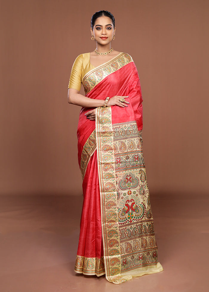 Pink Printed Pure Silk Saree Without Blouse Piece