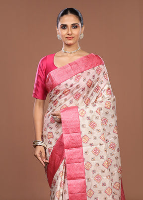 White Printed Pure Silk Saree Without Blouse Piece